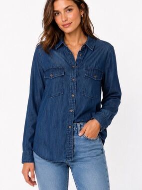 Club Monaco 100% Tencel Chambray Button Down Shirt Blue Sz S Soft Denim Lyocell